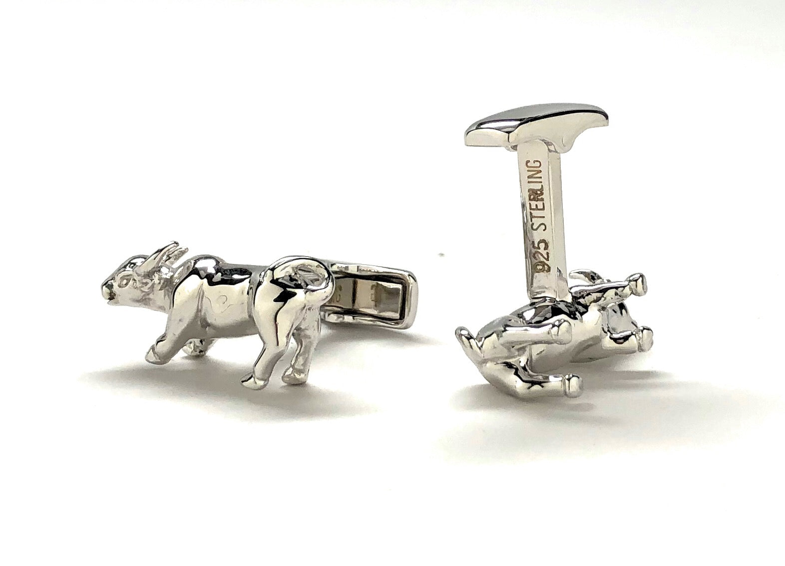 Solid 925 sterling silver bull cufflinks with bullet-back closure