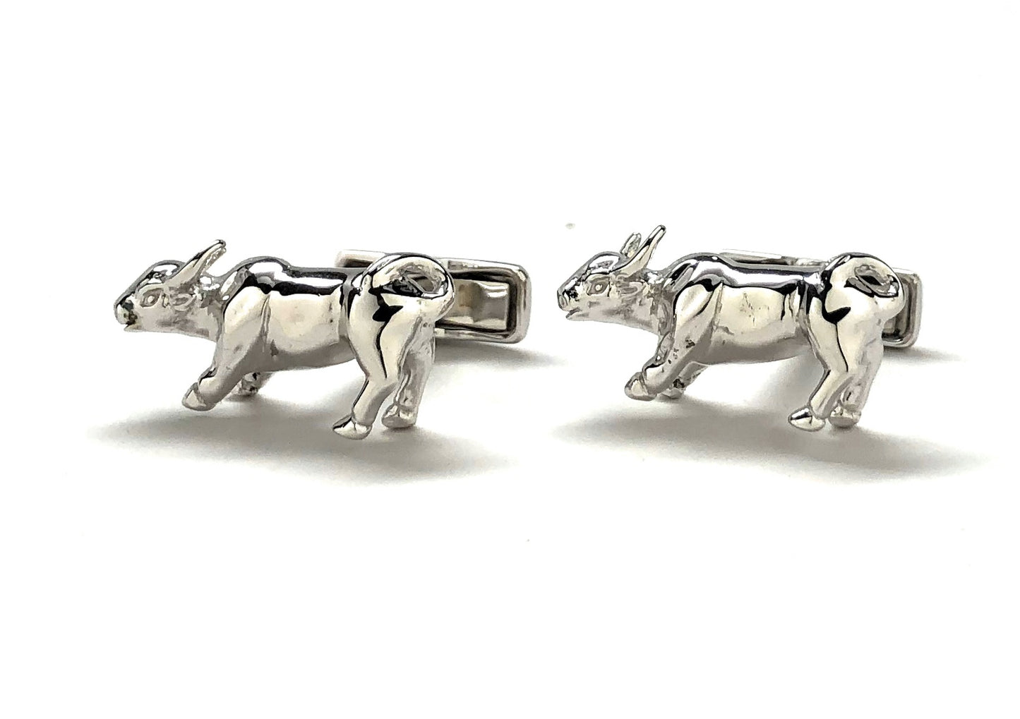 Solid 925 sterling silver bull cufflinks with bullet-back closure