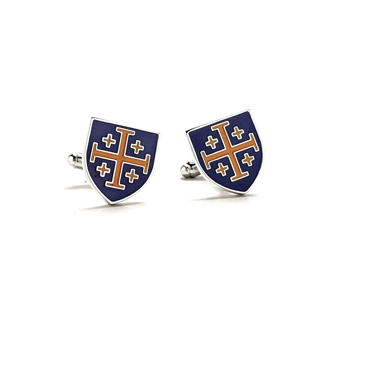 Royal Crusaders Shield Cufflinks Jerusalem Cross Cuffs Purple and Gold Enamel Design Silver Tone 3D Five-Fold Cross Cuff Links