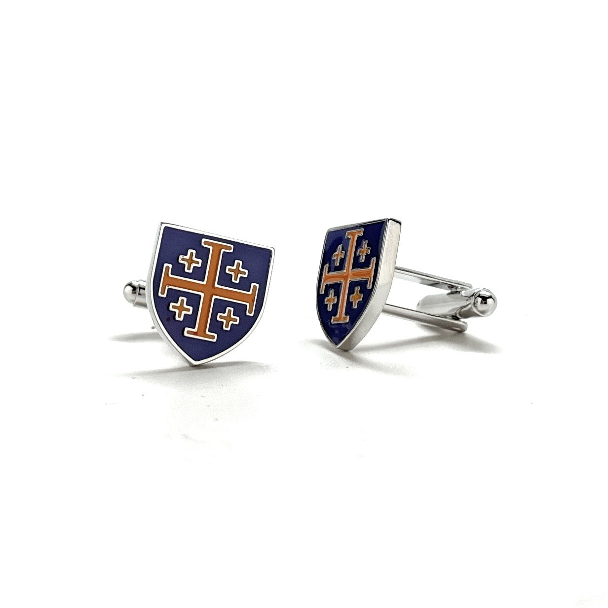 Royal Crusaders Shield Cufflinks Jerusalem Cross Cuffs Purple and Gold Enamel Design Silver Tone 3D Five-Fold Cross Cuff Links