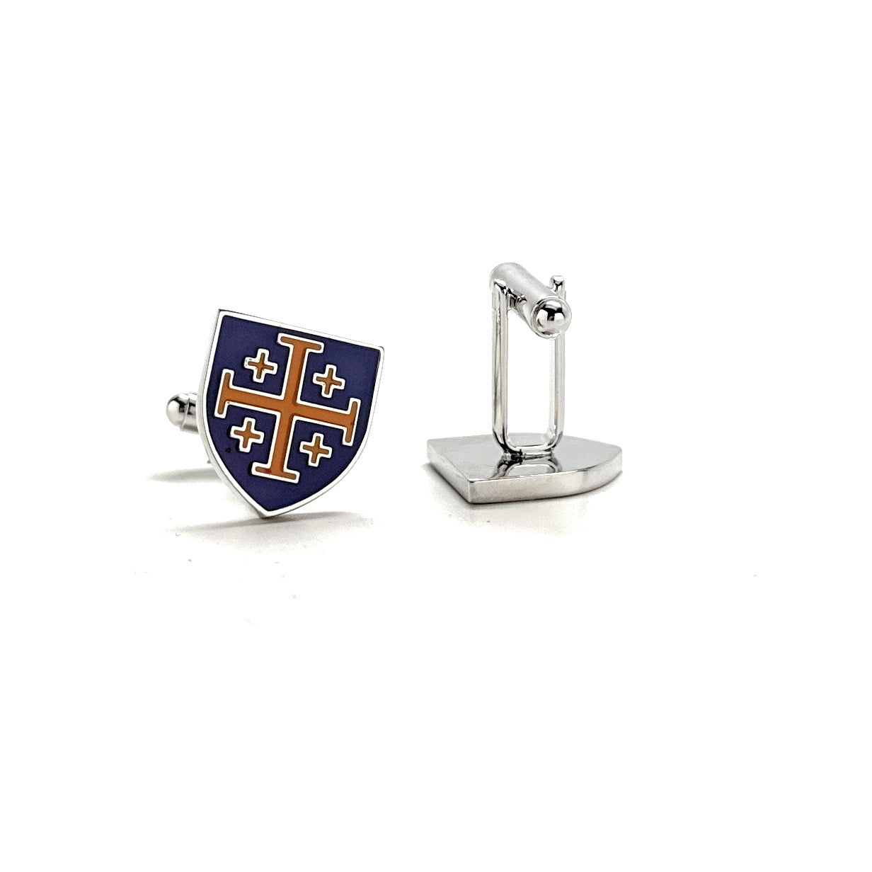 Royal Crusaders Shield Cufflinks Jerusalem Cross Cuffs Purple and Gold Enamel Design Silver Tone 3D Five-Fold Cross Cuff Links