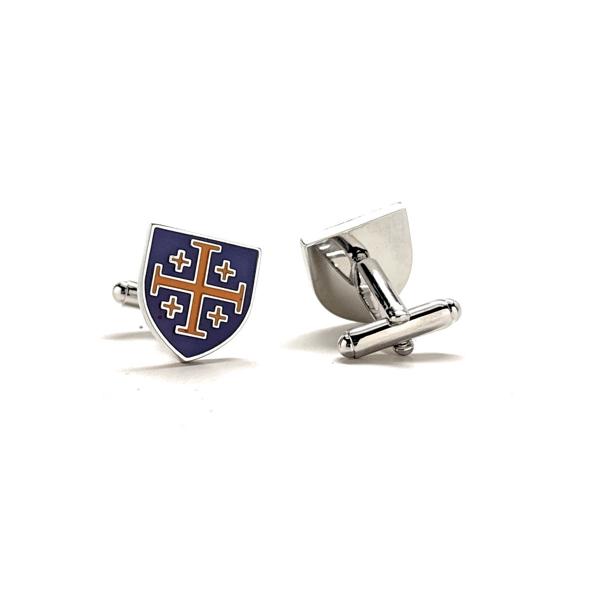 Royal Crusaders Shield Cufflinks Jerusalem Cross Cuffs Purple and Gold Enamel Design Silver Tone 3D Five-Fold Cross Cuff Links