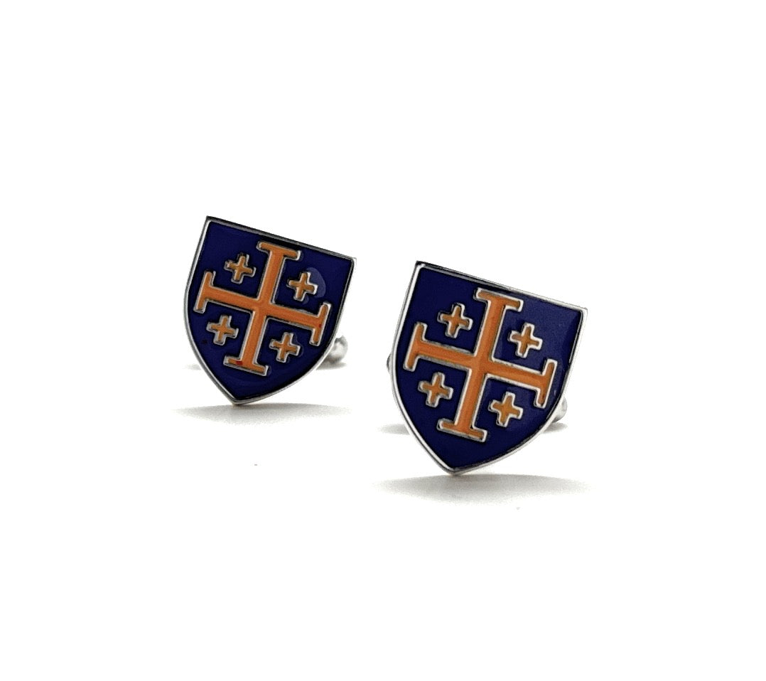 Royal Crusaders Shield Cufflinks Jerusalem Cross Cuffs Purple and Gold Enamel Design Silver Tone 3D Five-Fold Cross Cuff Links