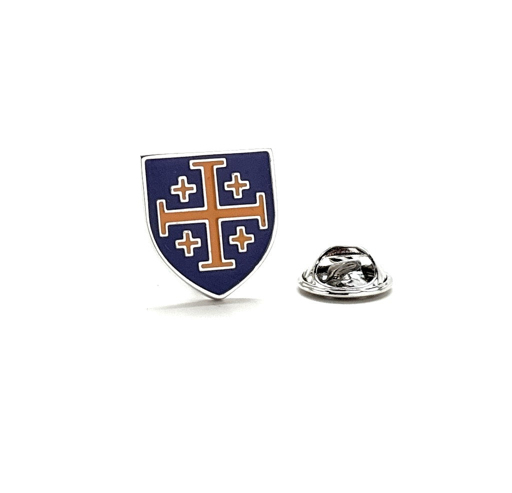 Royal Crusaders Shield Pin Purple and Gold Enamel Pin Jerusalem Cross Lapel Pin 3D Five-Fold Cross Pin Tie Tack Lanyard Pins