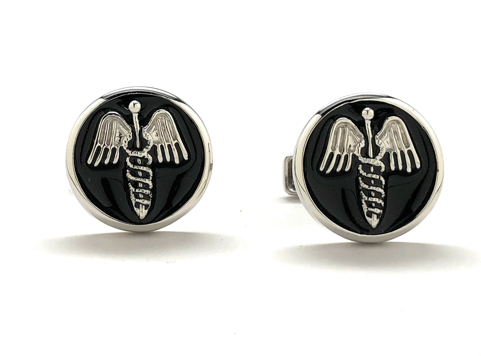 Sterling silver doctor cufflinks with Caduceus medical symbol on black enamel background