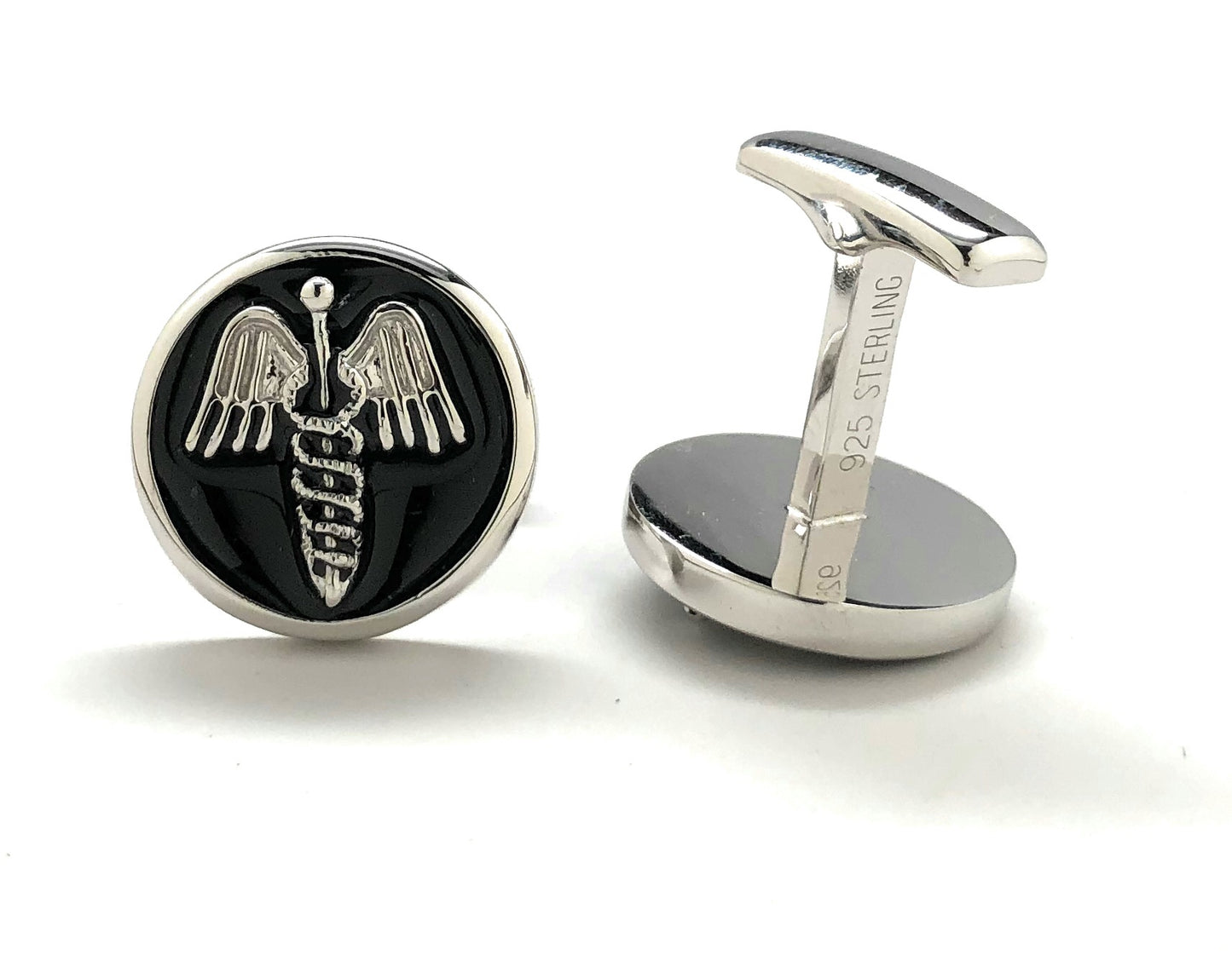 Sterling silver doctor cufflinks with Caduceus medical symbol on black enamel background