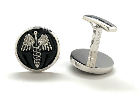 Sterling silver doctor cufflinks with Caduceus medical symbol on black enamel background