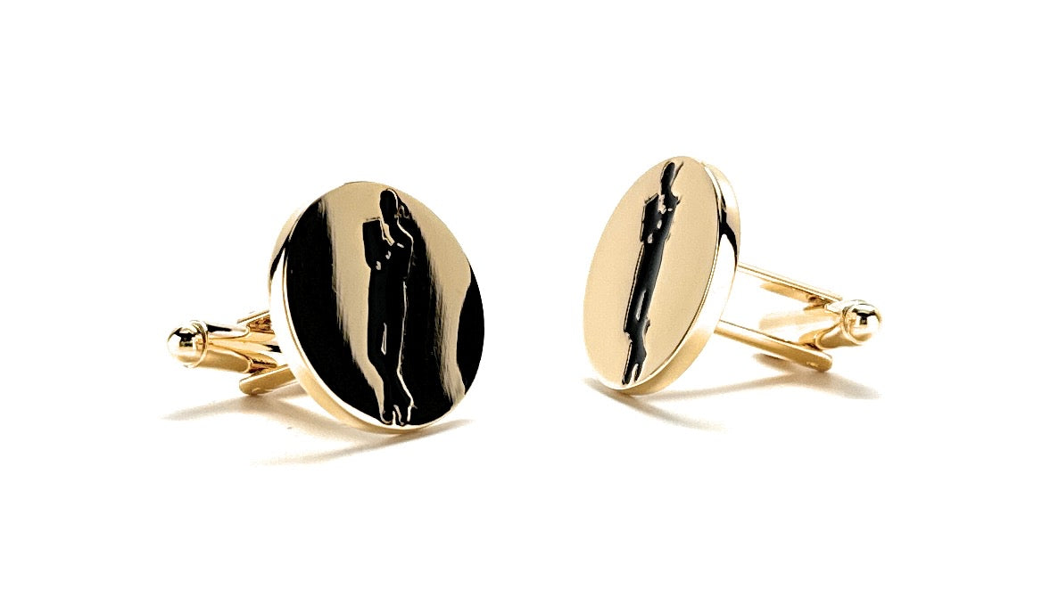 James Bond Cufflinks Famous Movie Poster Pose Cuff Links Super Spy Collection Royal Gold Platted Black Enamel Emboss Design with Gift Box