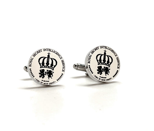 James Bond MI6 Cufflinks Mens Cuff Link Secret Intelligence Service Super Spy Collection Royal Silver Toned Crest Comes with Gift Box