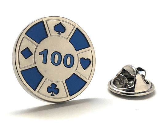 poker chip silver blue $100 lapel pin