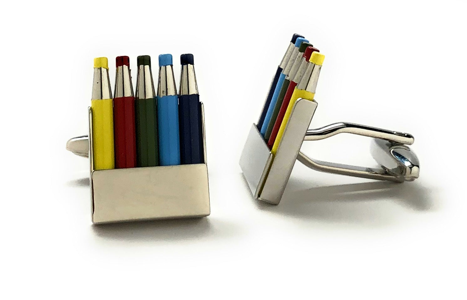 Cufflinks with colorful pen design on a white background