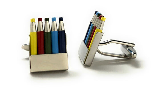 Cufflinks with colorful pen design on a white background