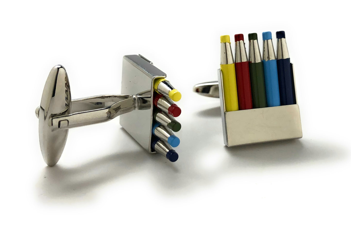 Cufflinks with colorful pen design on a white background