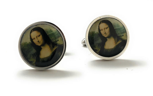 Mona Lisa-themed cufflinks on a white background