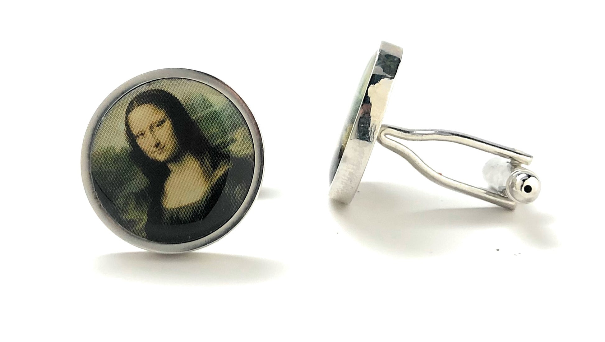 Mona Lisa cufflinks on a white background