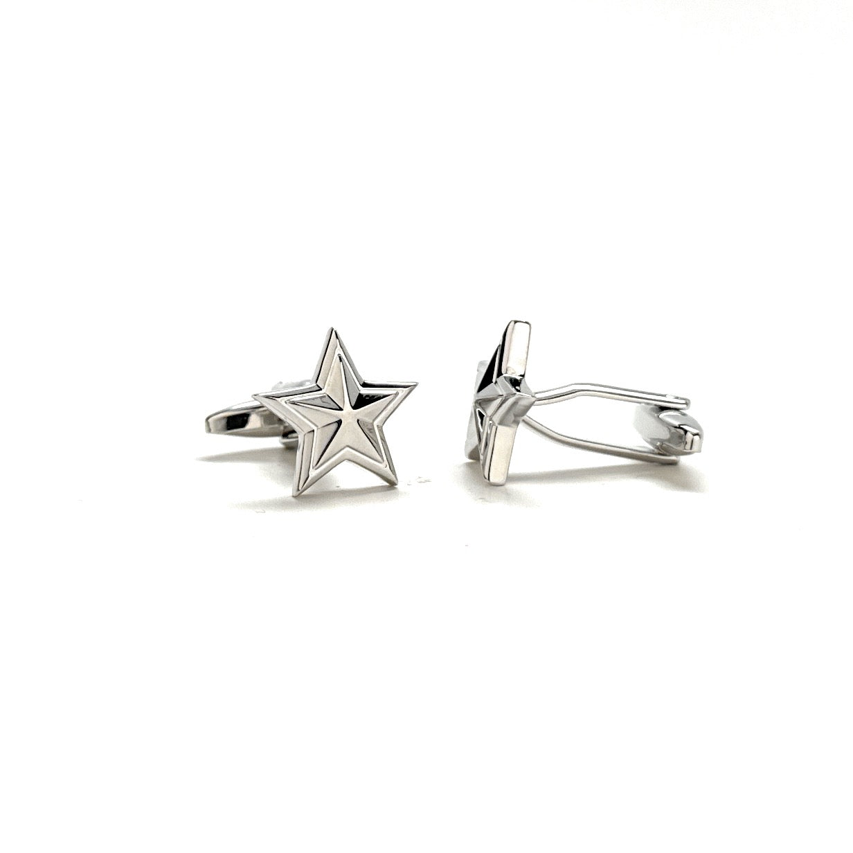 Star-shaped silver cufflinks on a white background