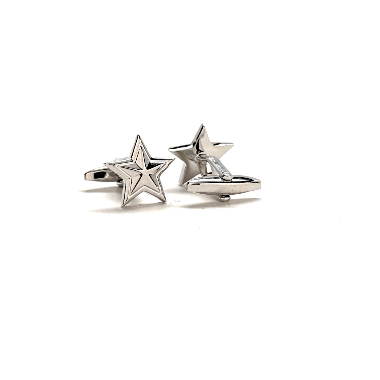 Star-shaped silver cufflinks on a white background