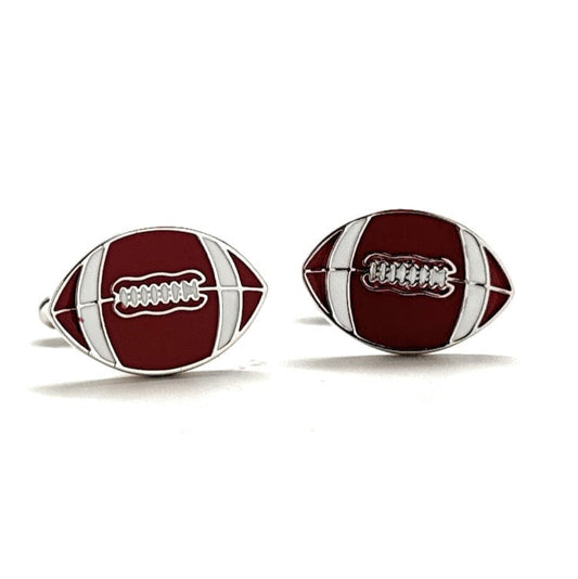 Brown and silver football-shaped cufflinks on a white background