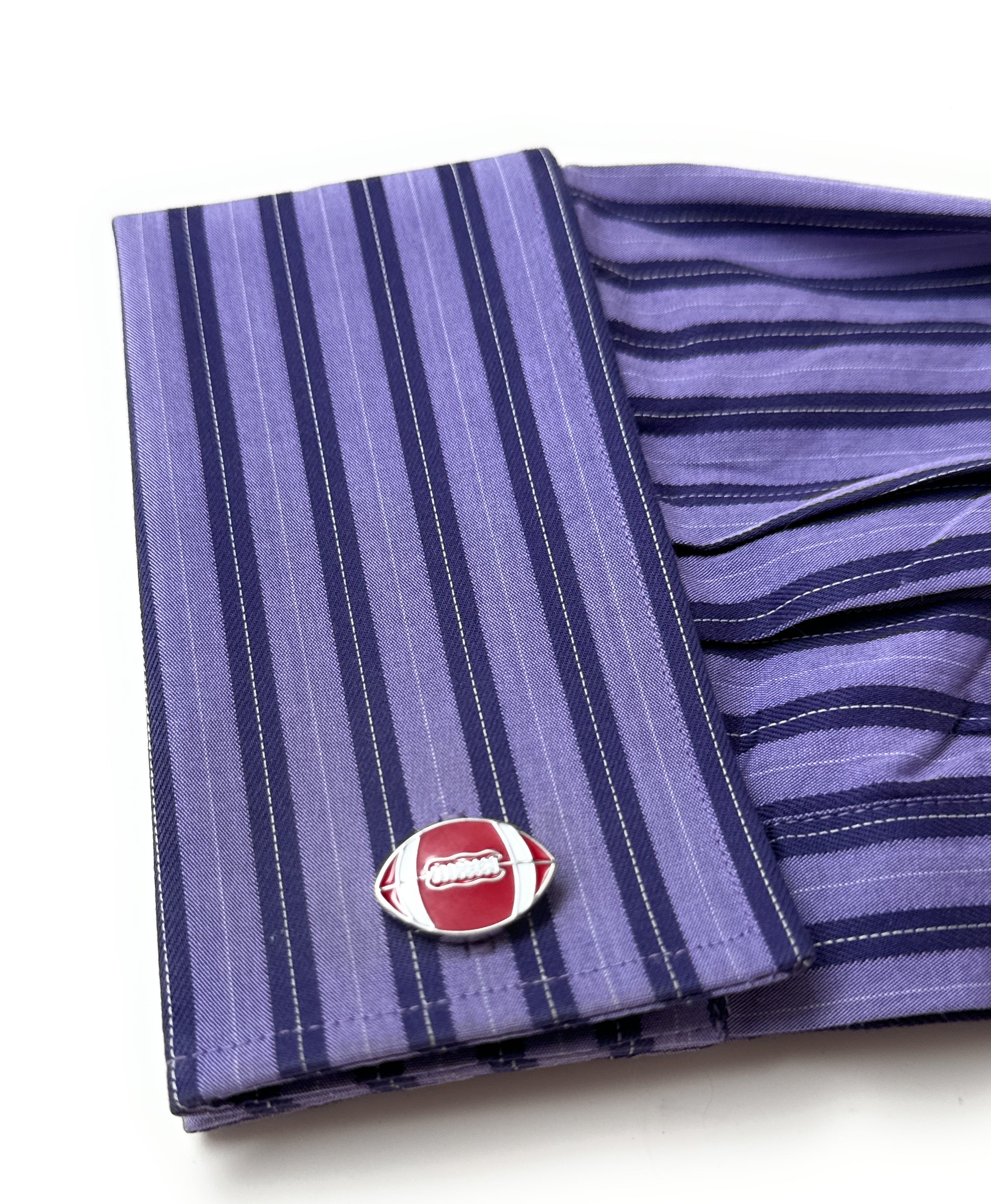 Purple striped fabric with a red and white logo on a white background