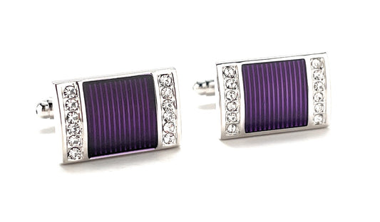 A pair of rectangular silver cufflinks with deep purple striped enamel centers and sparkling crystal borders, designed by JayPins for a bold and luxurious men’s fashion look.