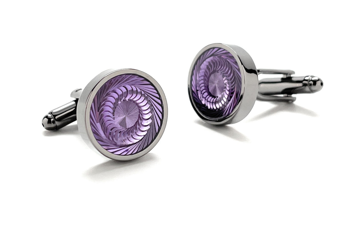 A pair of round silver and gunmetal cufflinks with a deep purple swirl pattern, known as the Purple Haze Cufflinks by JayPins, reflecting a bold and modern men’s fashion design.
