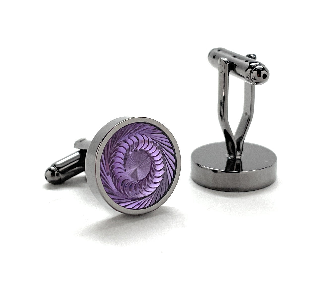 A pair of round silver and gunmetal cufflinks with a deep purple swirl pattern, known as the Purple Haze Cufflinks by JayPins, reflecting a bold and modern men’s fashion design.