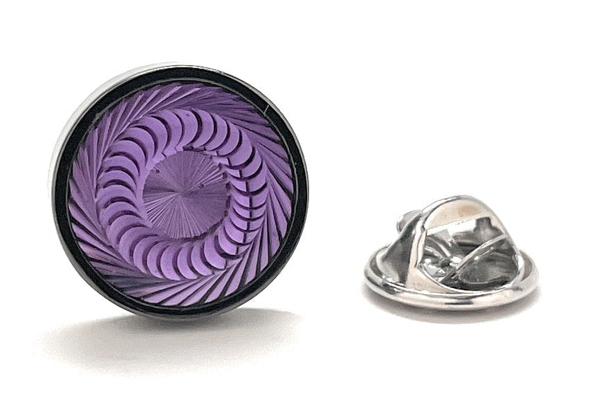 A single Purple Haze lapel pin by JayPins featuring a stunning deep violet swirl design in a polished silver setting with clutch backing, symbolizing bold modern men’s style and creativity.