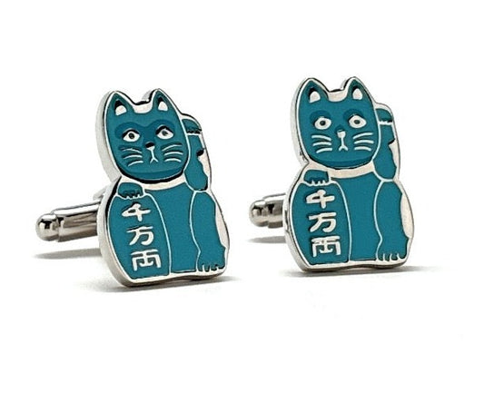 Blue Maneki-neko Cufflinks Japanese Cat Cufflinks Lucky Cat Blue Brings Harmony and Peace to it's Owner Cuff Links