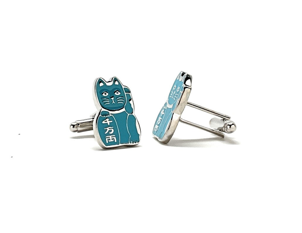 Blue Maneki-neko Cufflinks Japanese Cat Cufflinks Lucky Cat Blue Brings Harmony and Peace to it's Owner Cuff Links