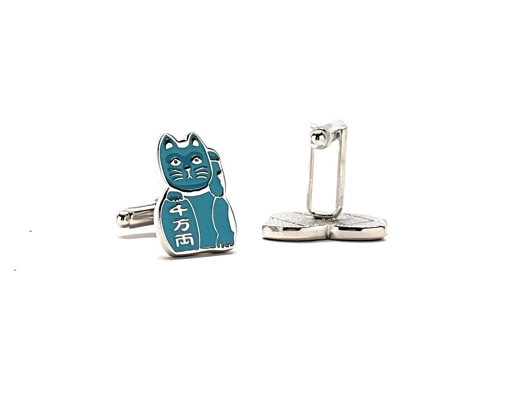 Blue Maneki-neko Cufflinks Japanese Cat Cufflinks Lucky Cat Blue Brings Harmony and Peace to it's Owner Cuff Links