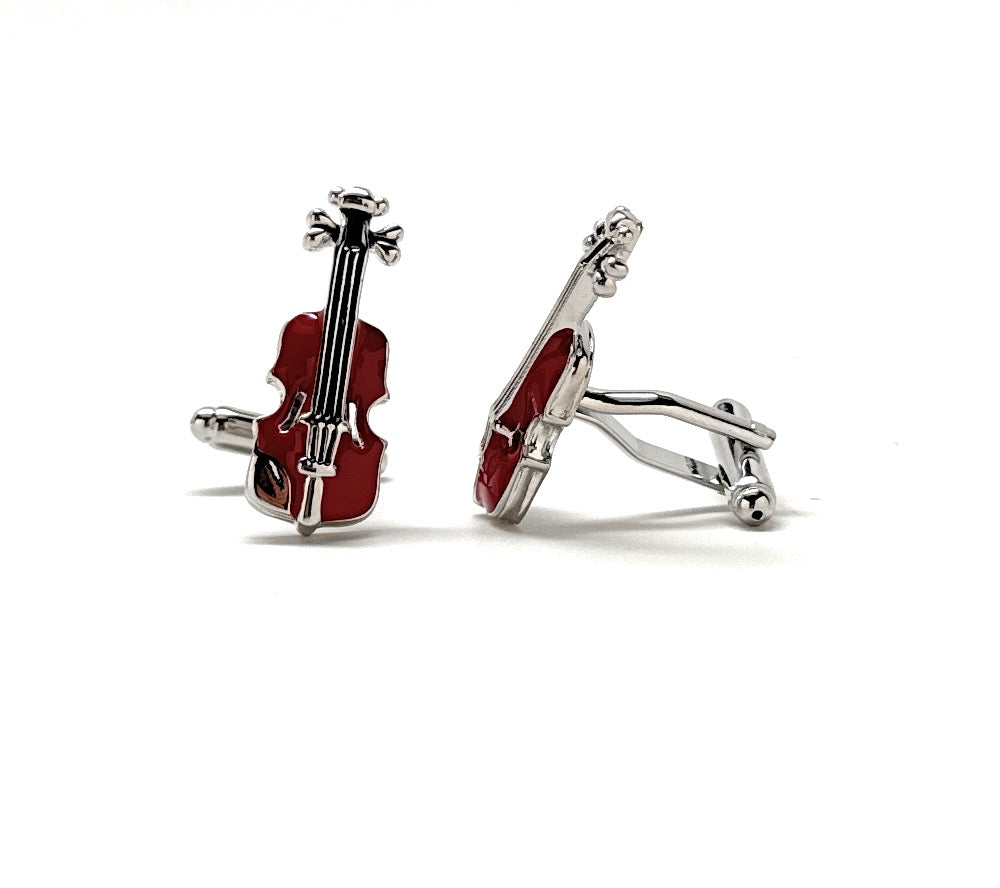 Violin Cufflinks Silver Plated Highly Detailed Burgundy Enamel Music Orchestra Cuff Links