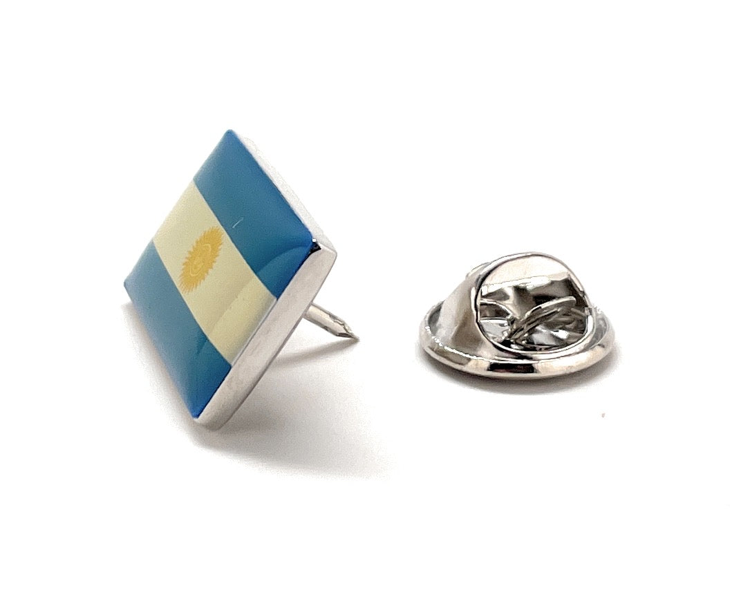 Argentina Flag Lapel Pin – silver and enamel design featuring blue, white, and gold with Sun of May emblem by JayPins, symbolizing Argentinian pride and national heritage.
