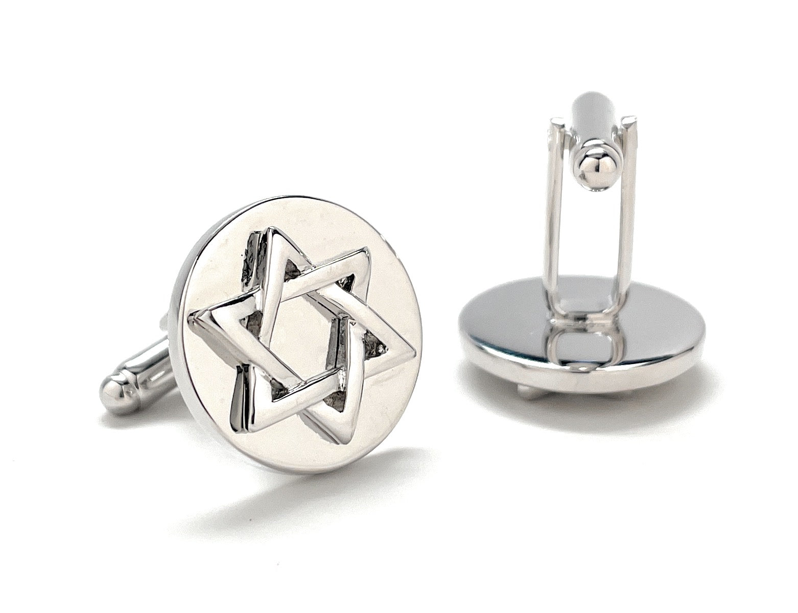 Silver cufflinks with Star of David design on a white background