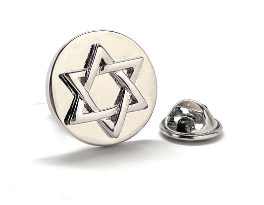 Metallic Star of David lapel pin on a white background