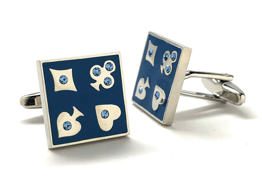 Pair of cufflinks with blue and silver design on a white background