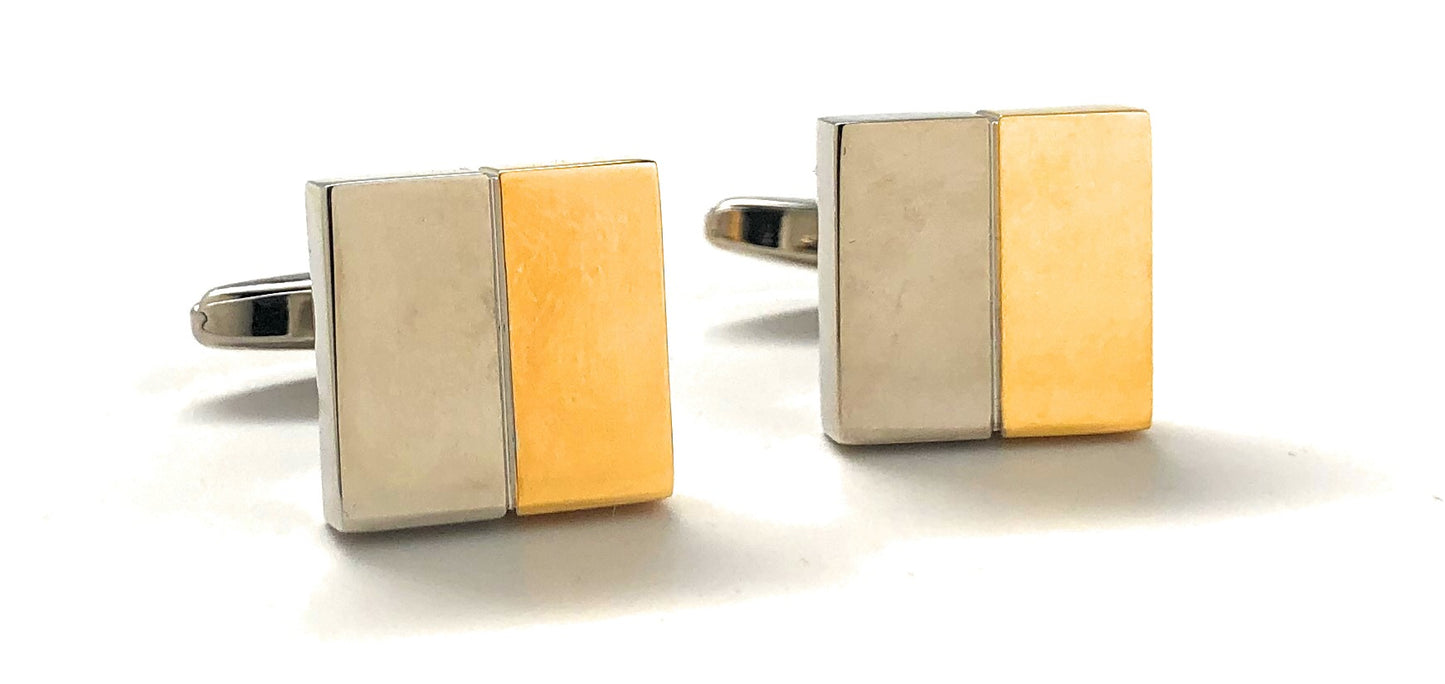 Two gold and silver rectangular cufflinks on a white background
