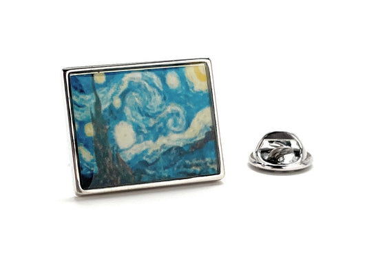 Lapel pin with Van Gogh's 'Starry Night' design on a white background
