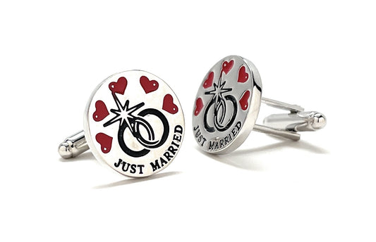 Just Married Cufflinks Silver Rhodium Platted Red and Black Enamel Cuffs Wedding Party Gift from Bride Cuff Links