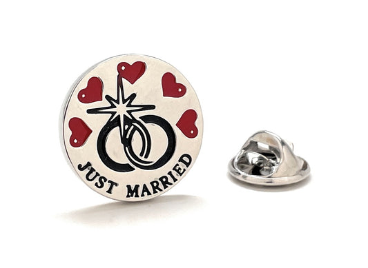 Just Married Pin Bride Gift Silver Rhodium Platted Red and Black Enamel Pin Wedding Party Gift from Bride Just Married Lapel Pin