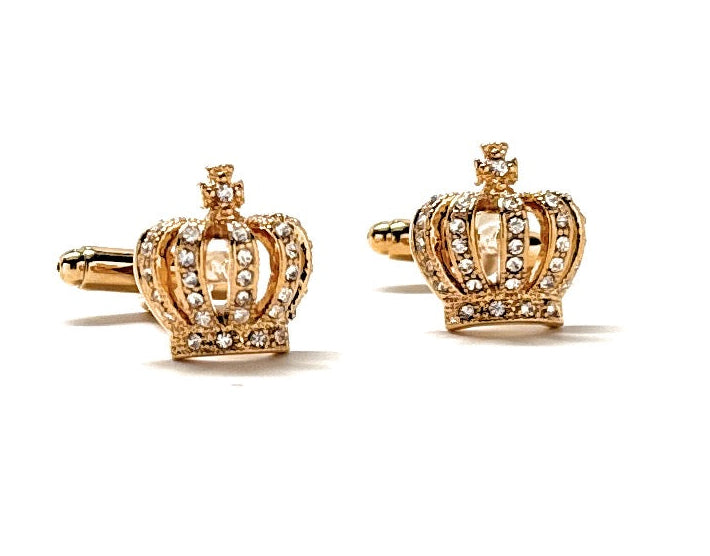 Gold crown cufflinks with crystal detailing on a white background – elegant men’s formal jewelry by JayPins