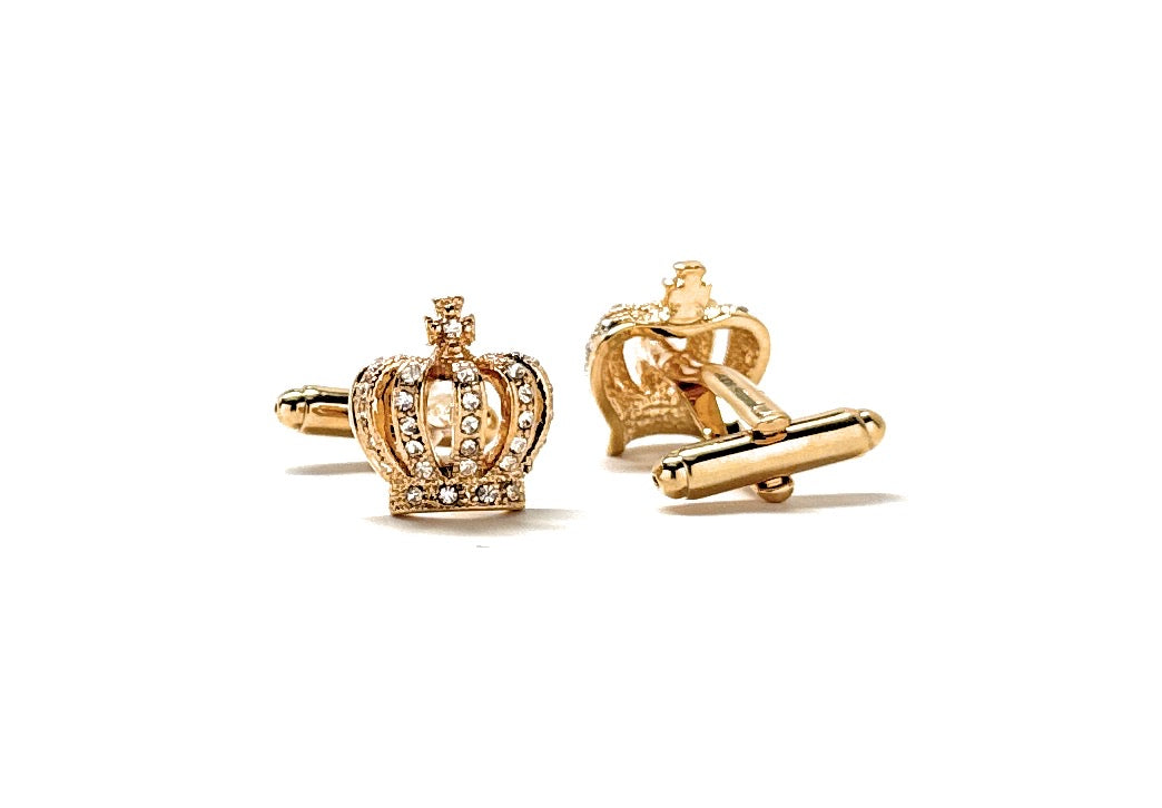 Gold crown cufflinks with crystal detailing on a white background – elegant men’s formal jewelry by JayPins