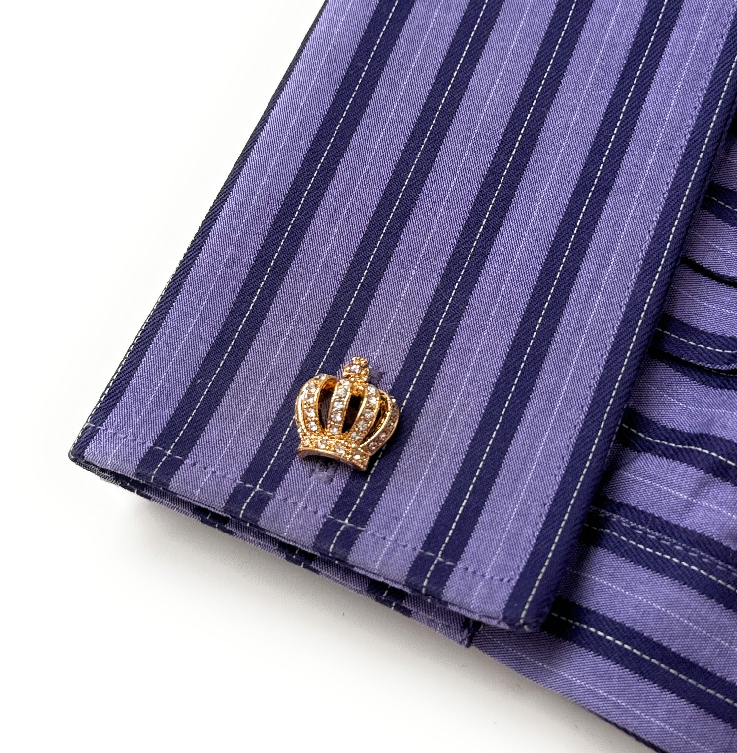 Gold crown cufflinks with crystal detailing on a white background – elegant men’s formal jewelry by JayPins