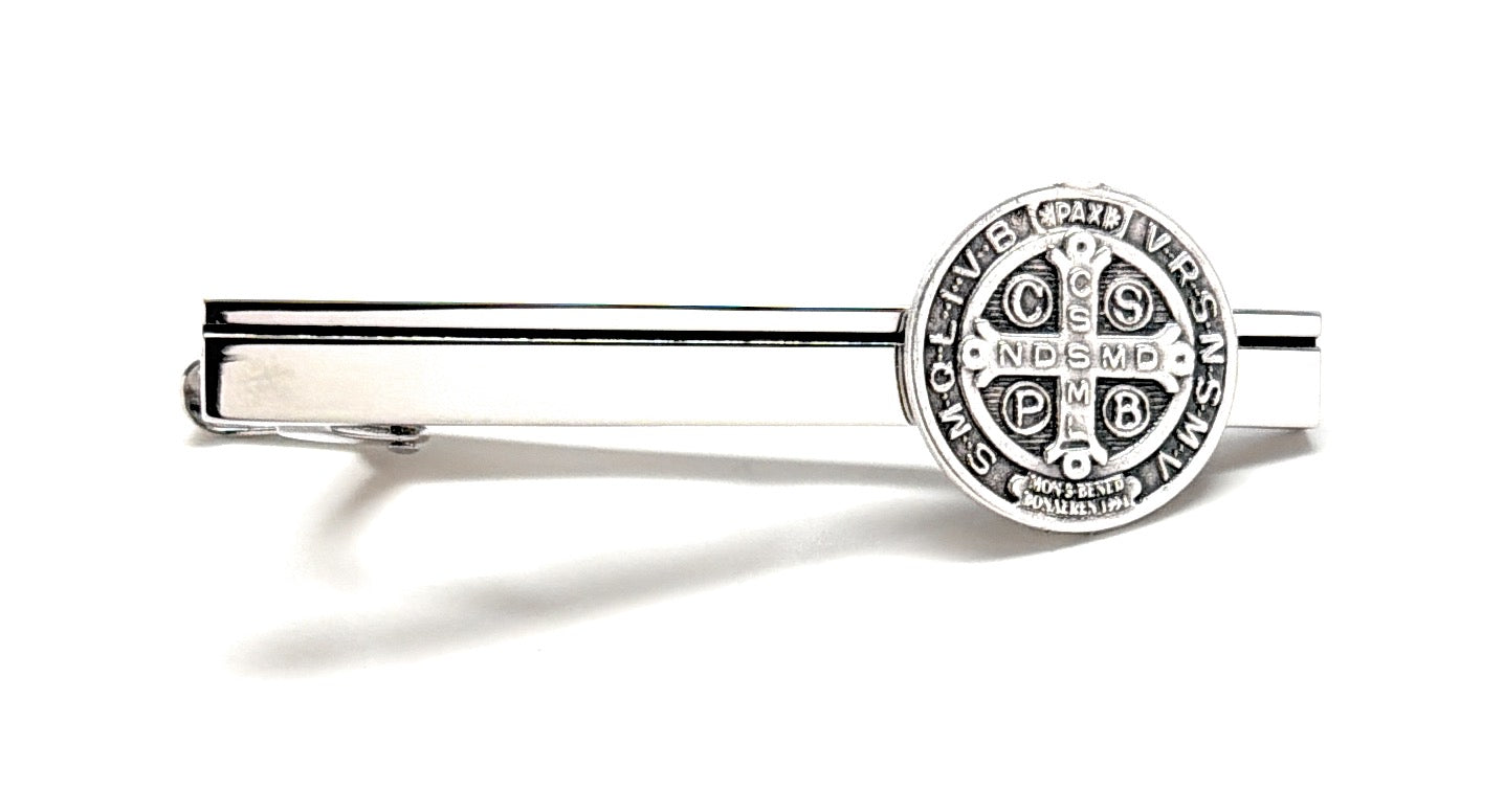 mens religious tie clip saint benedict medal accessory