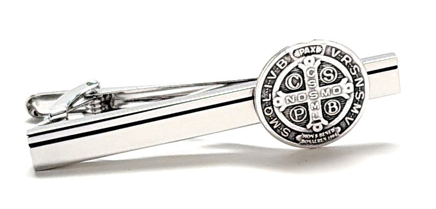 st benedict tie clip silver catholic tie bar for men