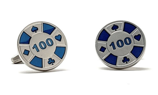 Poker Chip Cufflinks Brush Silver and Blue Enamel Las Vegas Nevada 100 Dollar Chip Cuff Links Risk it All Gambler Gift for Gambling Fun