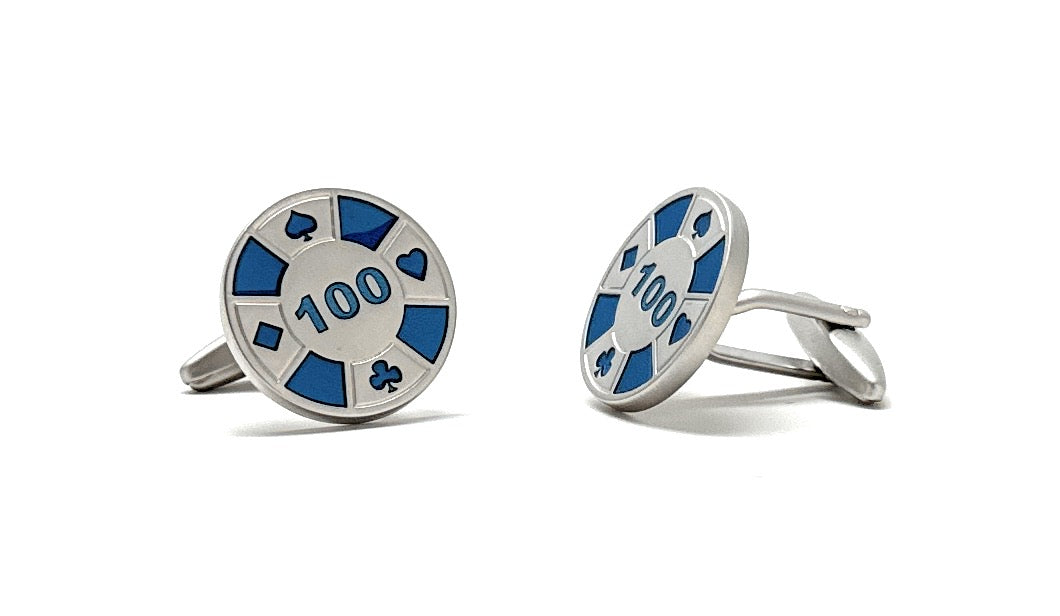 Poker Chip Cufflinks Brush Silver and Blue Enamel Las Vegas Nevada 100 Dollar Chip Cuff Links Risk it All Gambler Gift for Gambling Fun