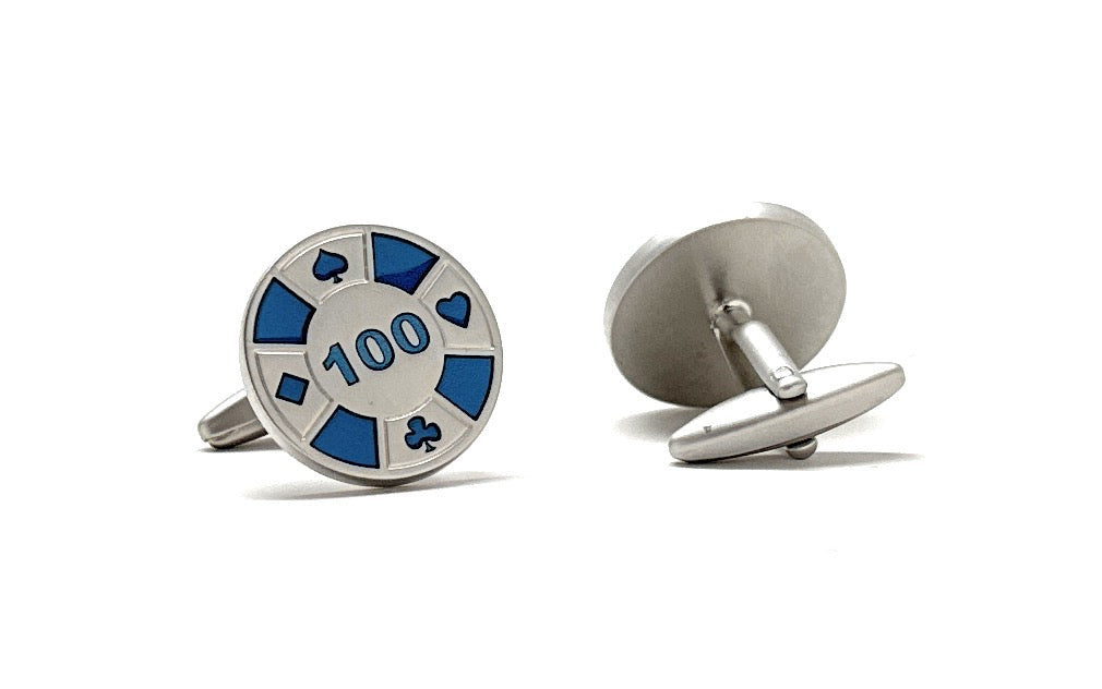 Poker Chip Cufflinks Brush Silver and Blue Enamel Las Vegas Nevada 100 Dollar Chip Cuff Links Risk it All Gambler Gift for Gambling Fun