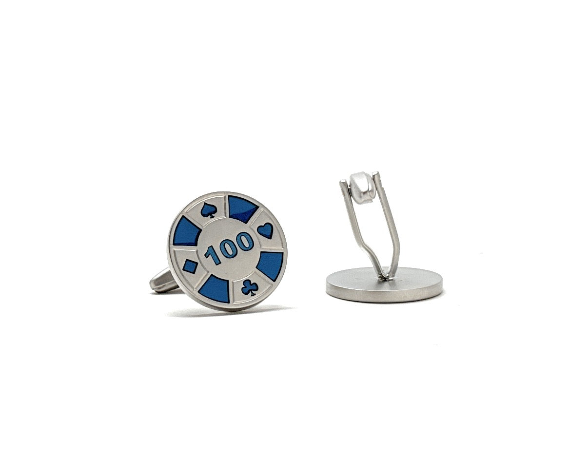 Poker Chip Cufflinks Brush Silver and Blue Enamel Las Vegas Nevada 100 Dollar Chip Cuff Links Risk it All Gambler Gift for Gambling Fun