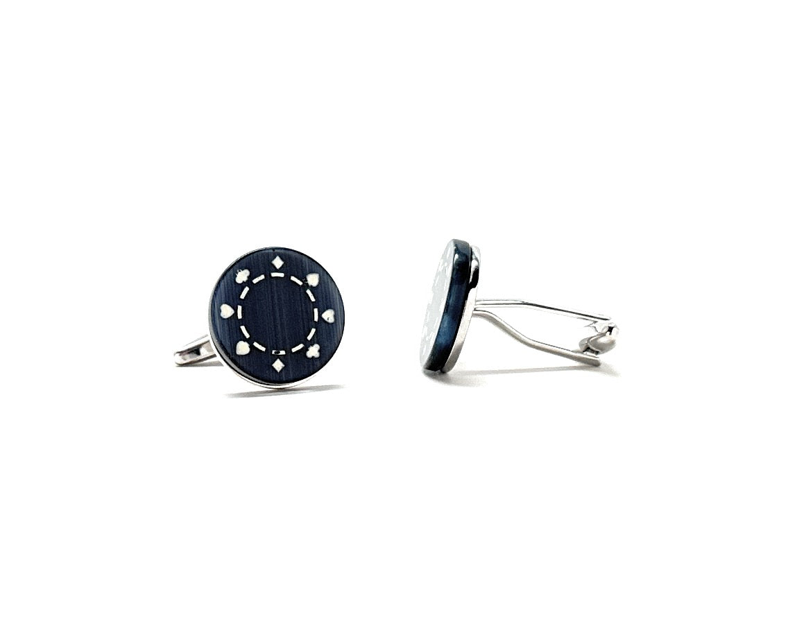 Pair of cufflinks with a blue circular design on a white background