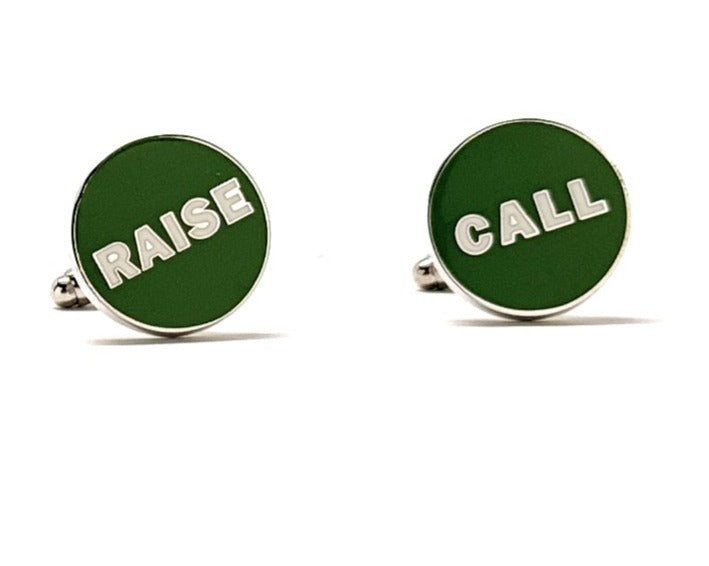 Raise Call Cufflinks Green White Enamel Las Vegas Poker Player Cuff Links Risk it All Gambler Gift for Gambling Fun